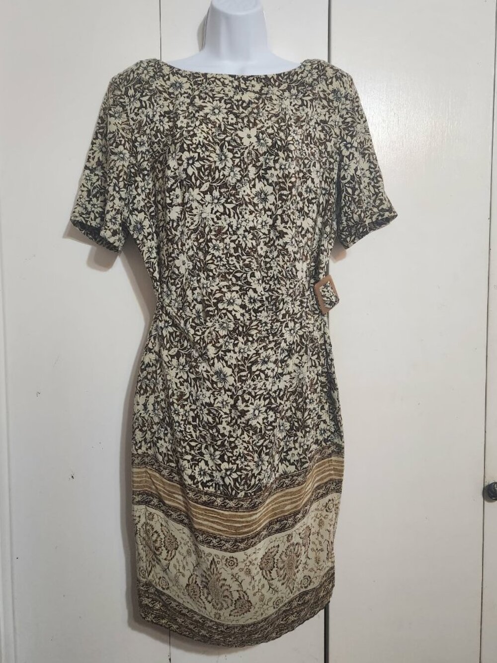 VTG Liz Claiborne 100% Silk Dress Sz 14 Brown Floral Border Print Side Buckle